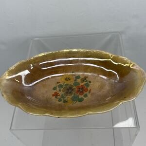 Antique German Floral Oval Bowl Crackle Glaze Hand Painted Serving Dish